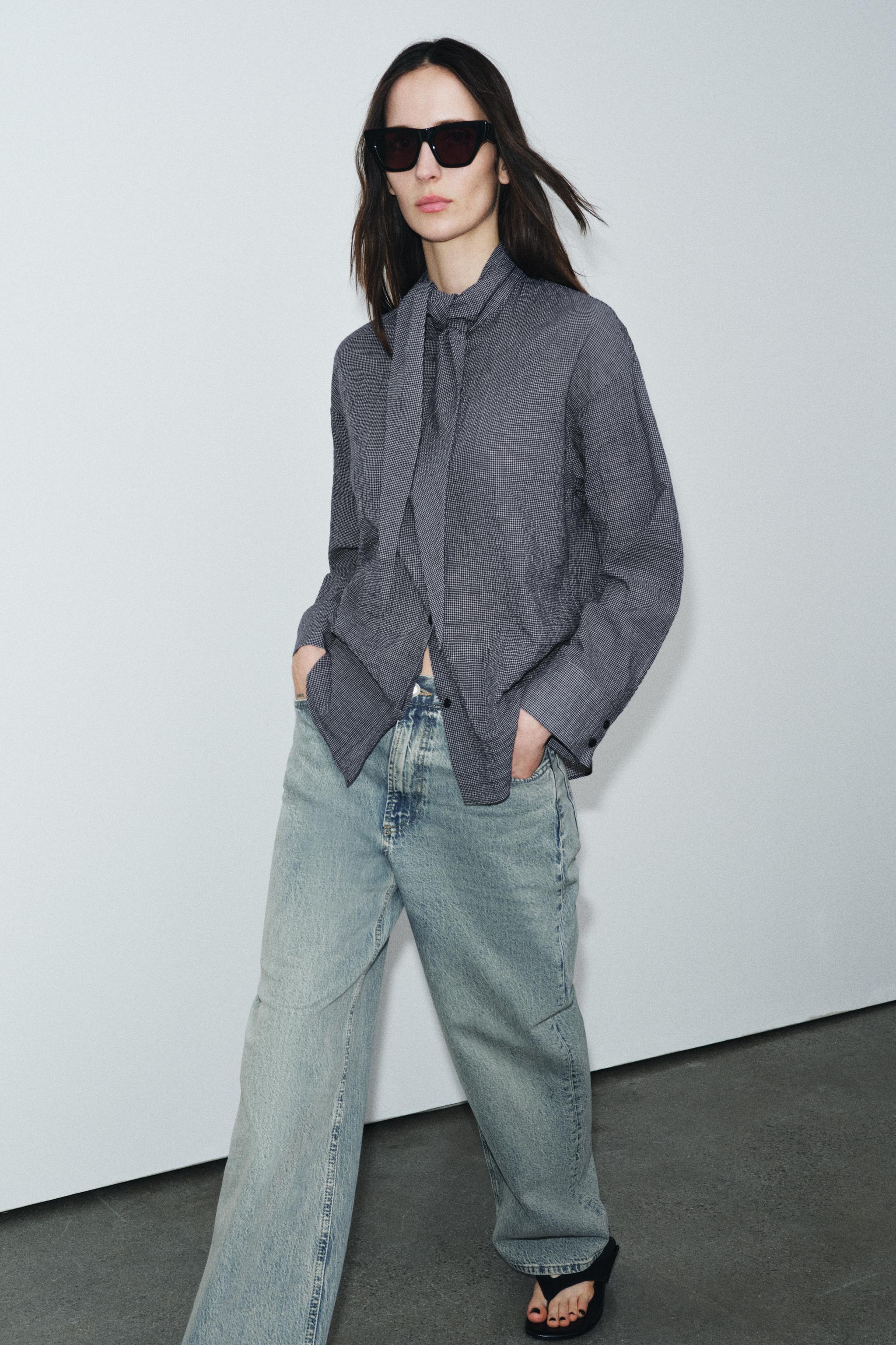 CHECK SHIRT WITH SCARF ZW COLLECTION - Navy blue | ZARA UAE