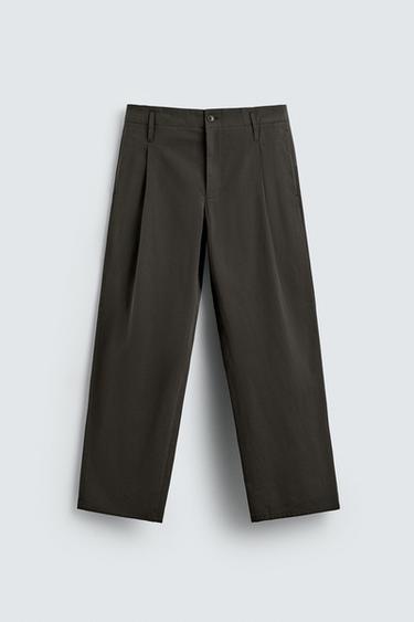 COTTON-VISCOSE PLEATED TROUSERS - Dark khaki by Zara - Image 5