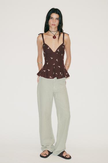 PEPLUM EMBROIDERED TOP - Brown by Zara - Image 0