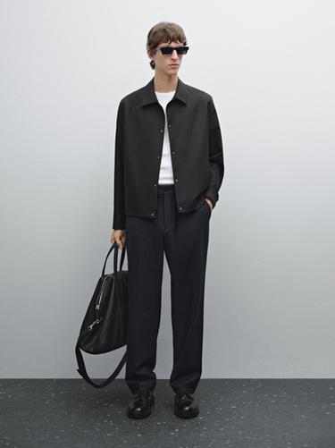 Pantalon regular fit à rayures en laine mélangée - Gris de Zara - Image 0