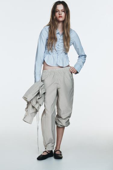 Zara 彈性縮褶府綢襯衫 - 天藍色