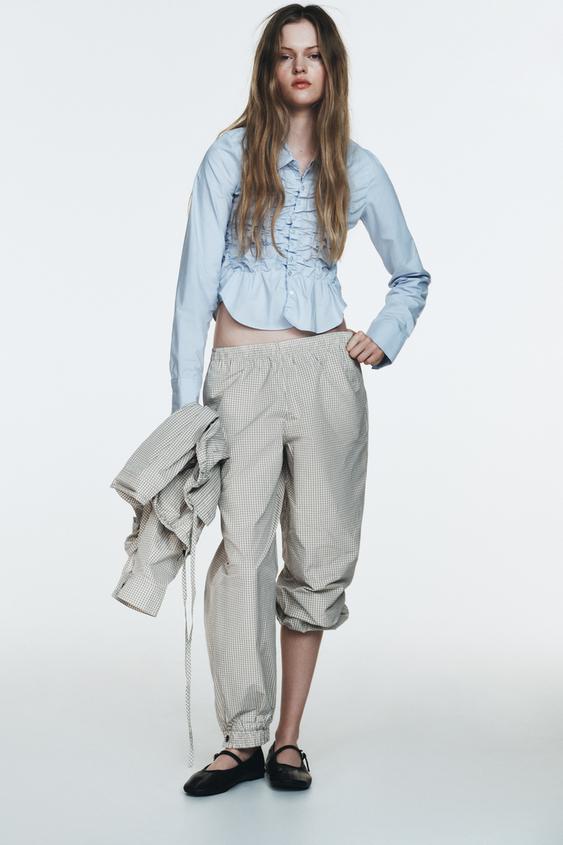 POPLIN SHIRT WITH ELASTICATED RUFFLES