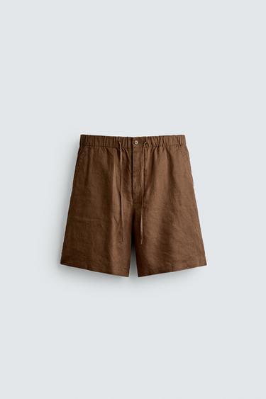 RELAXED FIT 100% LINEN BERMUDA SHORTS - Brown by Zara