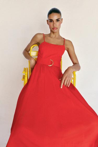 VESTIDO MIDI POPELINA COM CINTO - Vermelho da Zara