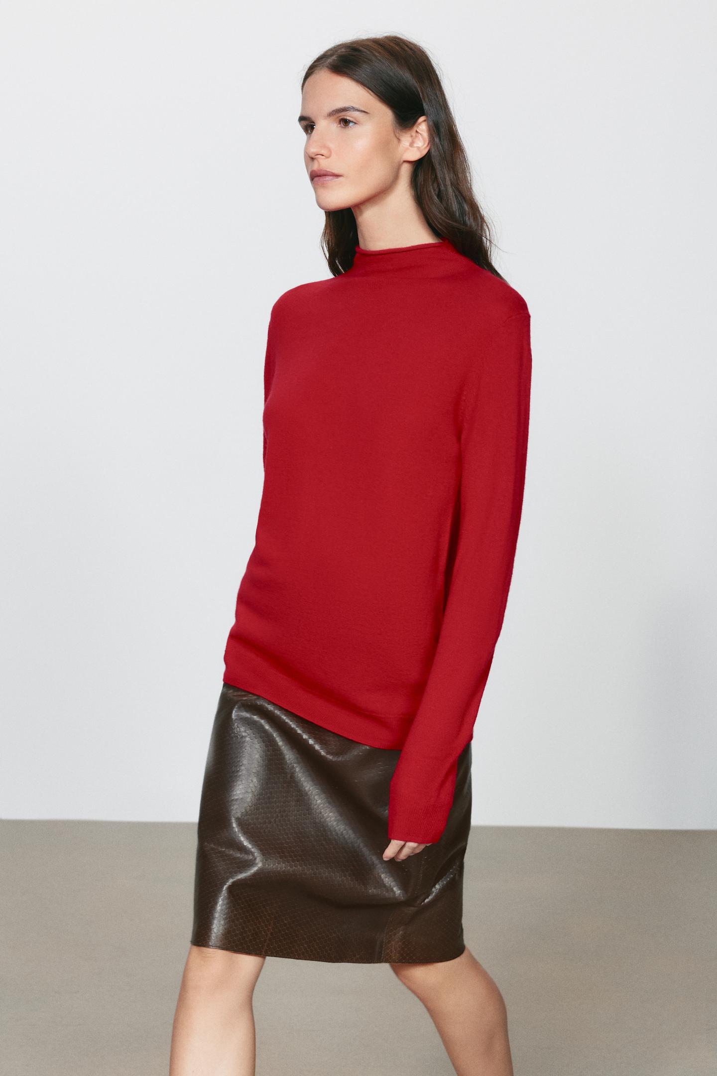 Женский свитер Zara Extra-Soft 100% Wool Mock Neck, цвет: Красный — фото 3