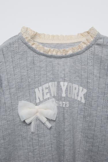 LACE-TRIMMED T-SHIRT WITH BOW - Grey marl by Zara - Image 2