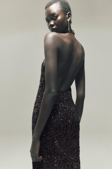 Zara SEQUIN HALTER DRESS - Brown
