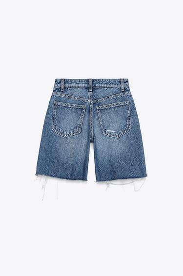 MID-WAIST RIPPED TRF DENIM BERMUDA SHORTS - Navy blue by Zara - Image 4