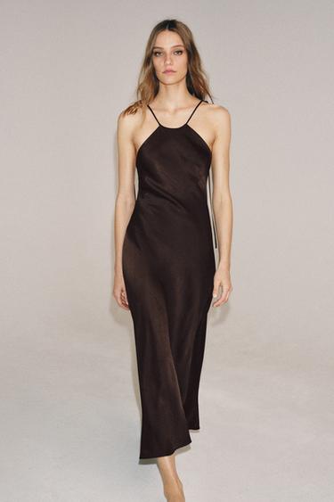Zara ZW COLLECTION SATIN EFFECT HALTER DRESS - Brown