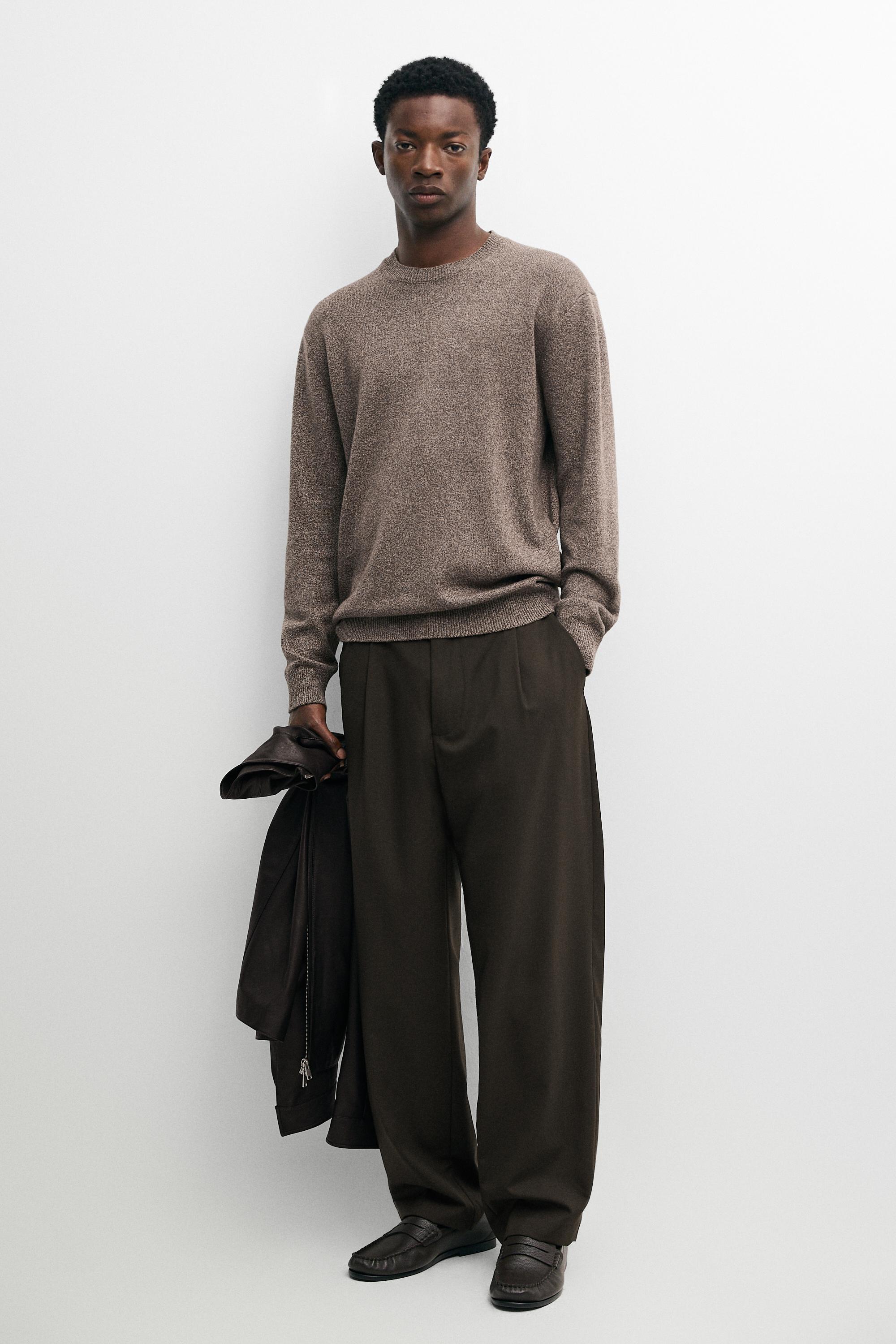 Mouliné knit sweater with wool, round neck - brown vigore | ZARA