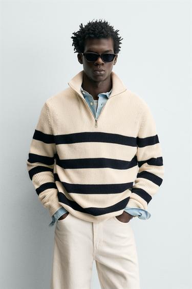 PURL KNIT QUARTER-ZIP JUMPER - White / Navy by Zara