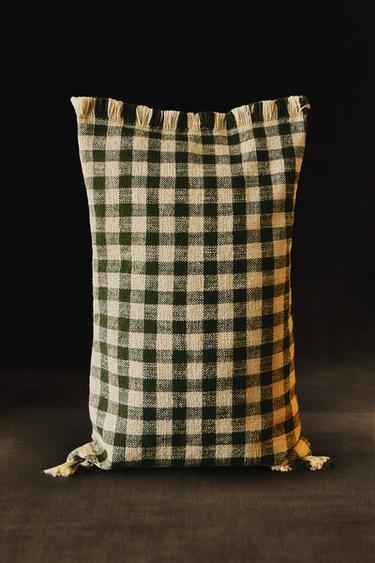 CHRISTMAS CHECK FRINGE CUSHION COVER - Green by Zara