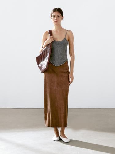 Zara Suede leather midi skirt - Brown