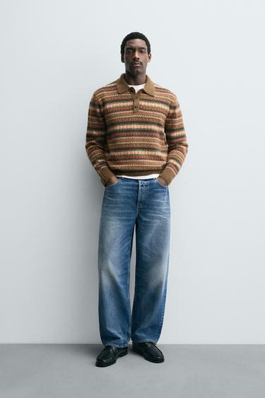 Zara GEOMETRIC JACQUARD KNIT POLO - Brown