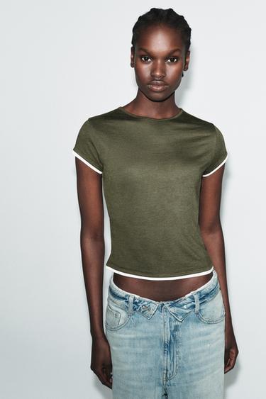 CONTRAST TRIM T-SHIRT - Dark khaki by Zara