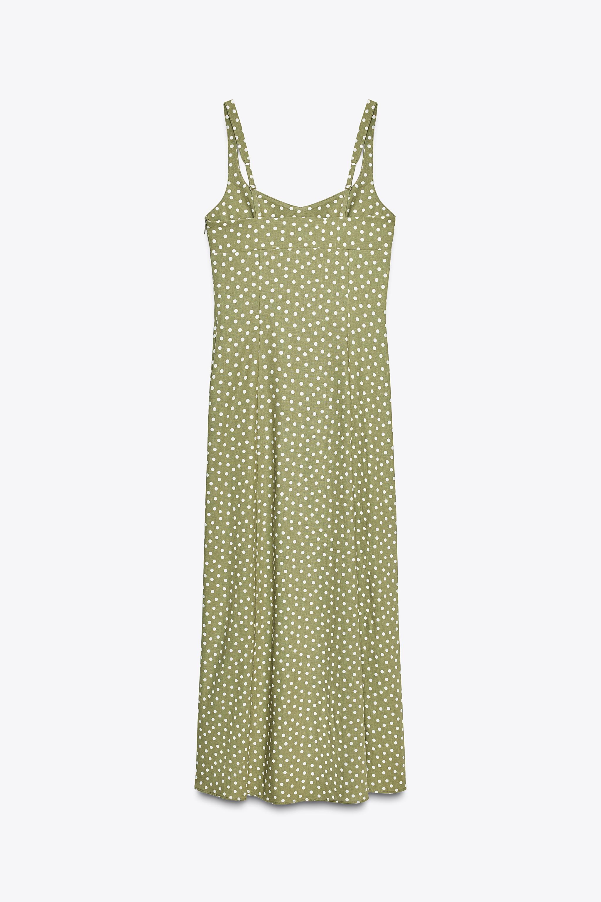 ZARA リネン水玉ミディワンピース 8008/677 リネン水玉ミディワンピース - 生成り/カーキ | ZARA Japan / 日本