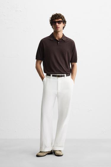 SILK AND LINEN KNIT POLO SHIRT - Dark brown by Zara - Image 0