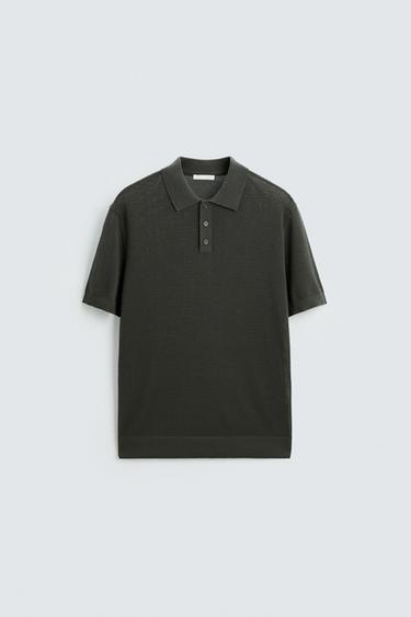 Zara OPENWORK STRUCTURED KNIT POLO - Taupe gray