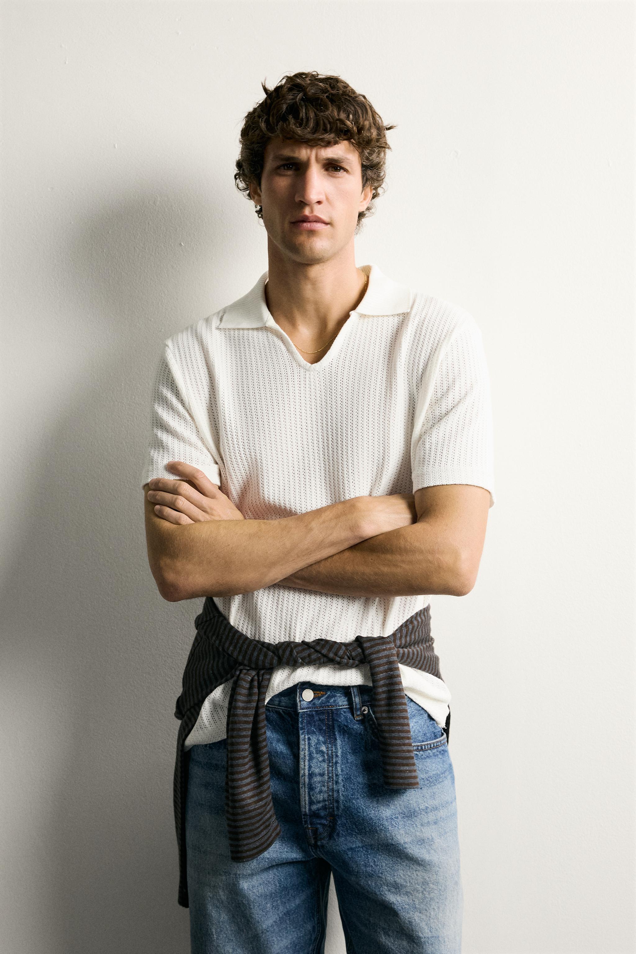 REGULAR FIT OPEN-KNIT POLO — Oyster-white