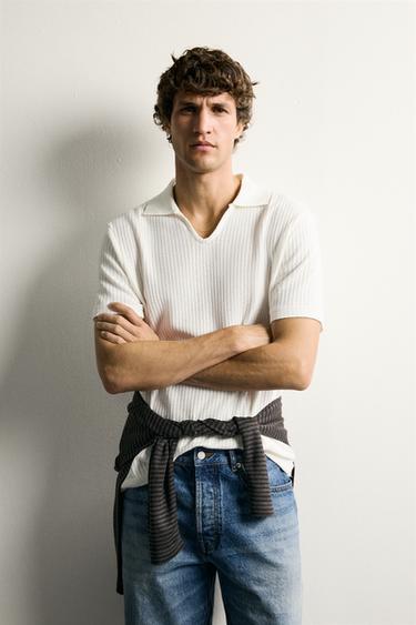REGULAR FIT OPEN-KNIT POLO SHIRT - Oyster-white by Zara