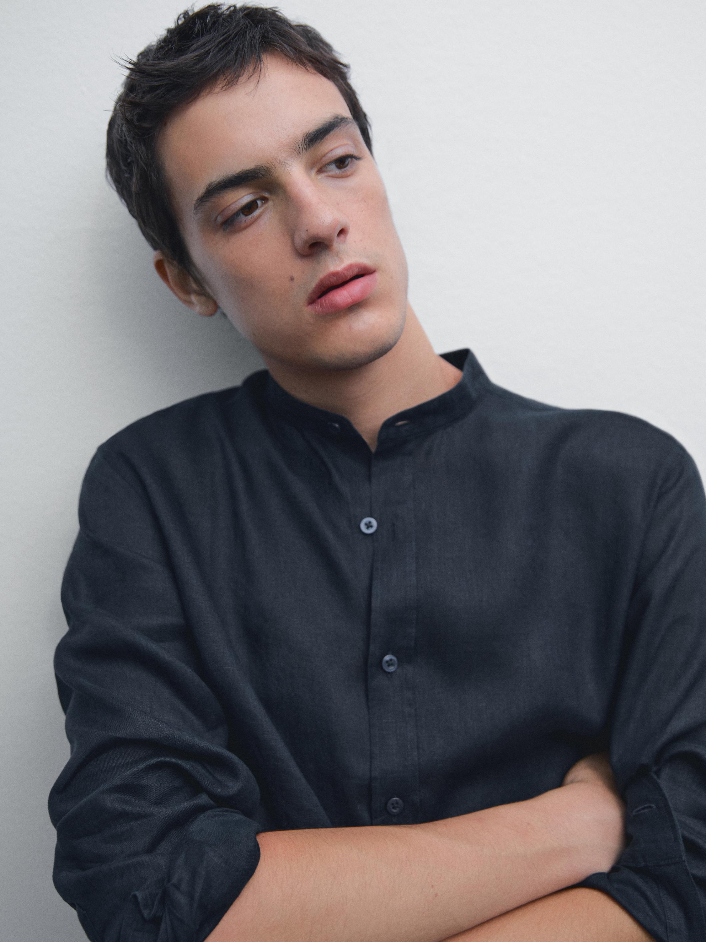 Chemise col mao 100 % lin