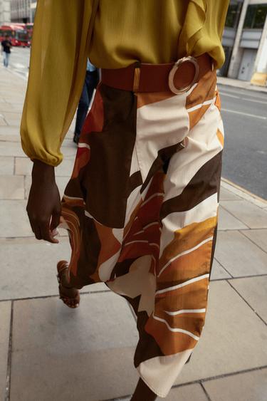Zara PRINTED POPLIN BELTED SKIRT - Multicolored