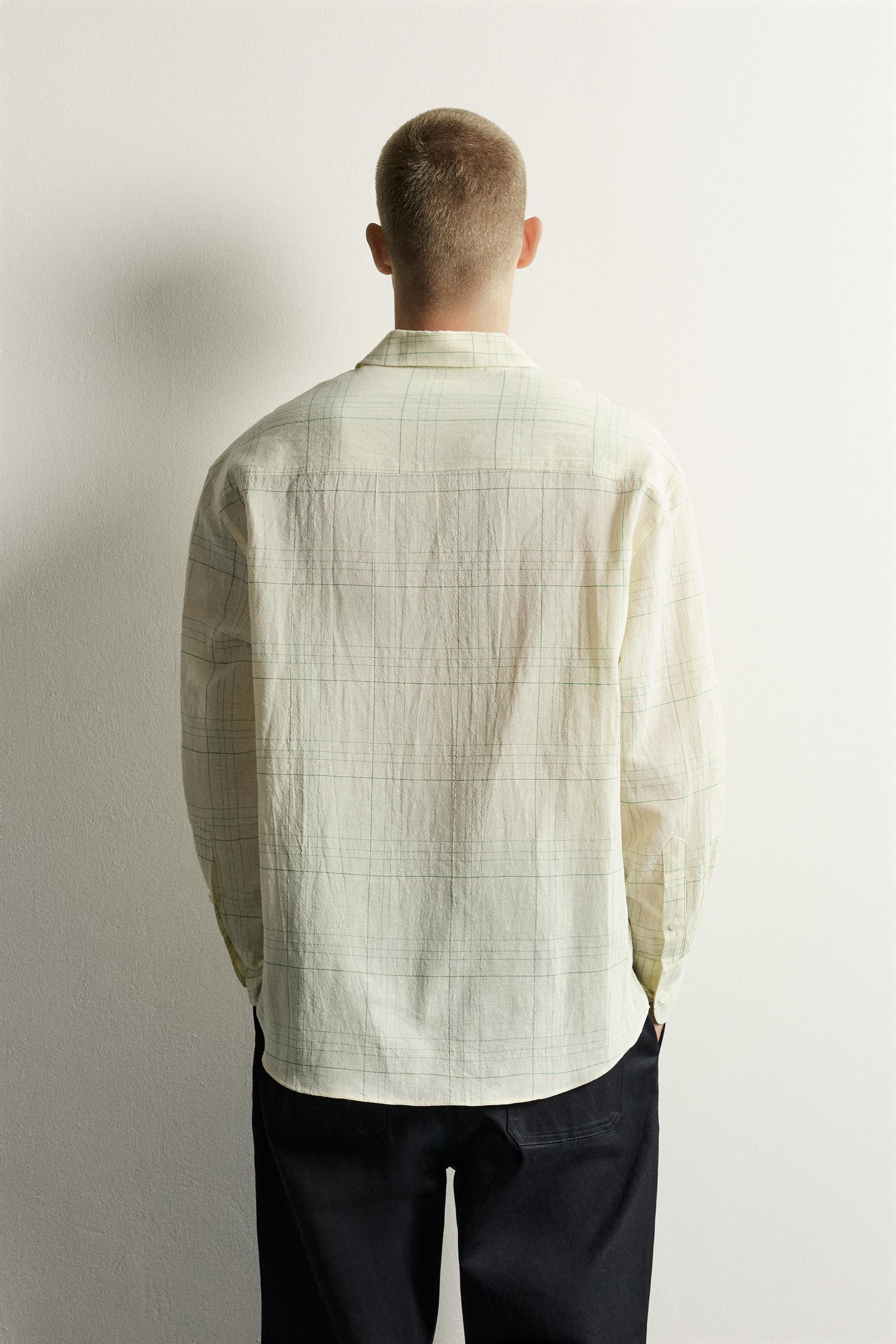 Мужские рубашки Zara COTTON-LINEN CHECK SHIRT — фото 3