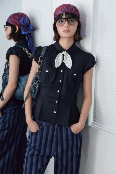 Zara 印花絲質黏膠纖維串珠圍巾 - 深藍色