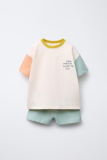 COLOUR BLOCK JOGGING T-SHIRT AND BERMUDA SHORTS SET - Green / Blue by Zara - Image 0