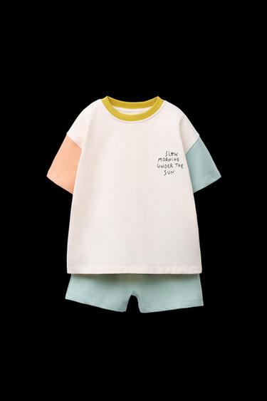 COLOUR BLOCK JOGGING T-SHIRT AND BERMUDA SHORTS SET - Green / Blue by Zara - Image 0