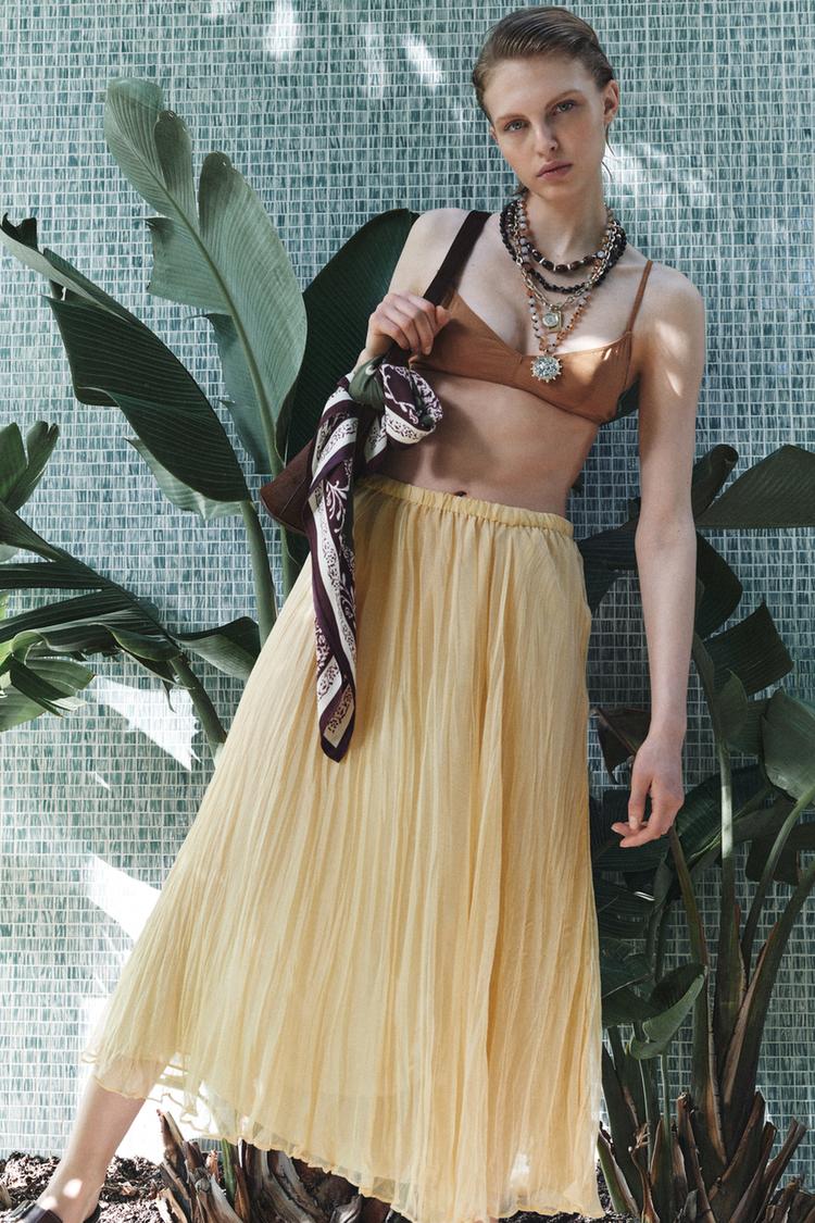 Saia Plissada Midi Zara Zara Saia Plissada Midi Tweed Azul Marinho