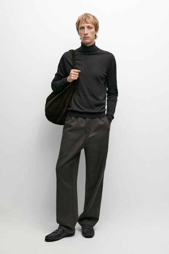 Zara Relaxed fit 100% wool pants with elastic waistband - Brown - Image 0