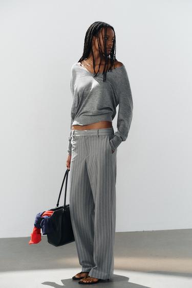 სწორი დაბალწელიანი ზოლიანი შარვალი - Zara-ს Maroon Grey