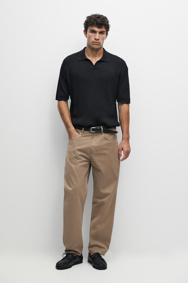 100% cotton cable-knit polo sweater — Navy blue