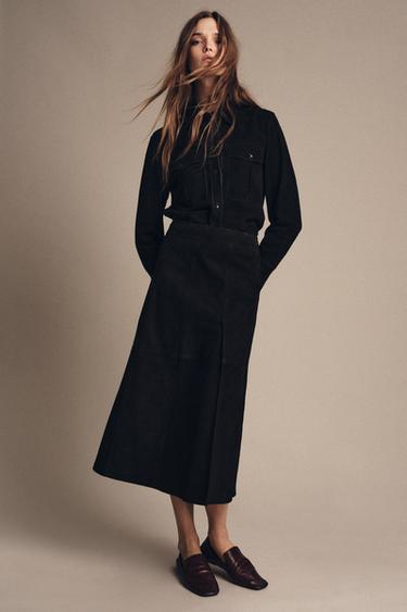 ZW COLLECTION LIMITED EDITION SUEDE LEATHER FLARED SKIRT - Black by Zara