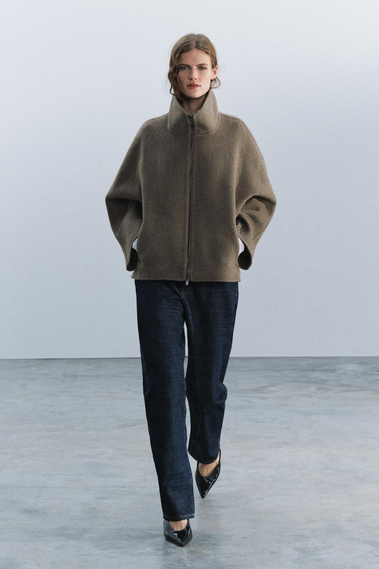 Женское пальто Zara Wool-Blend Short Coat - ZW Collection, цвет: Коричневый / Серо-коричневый