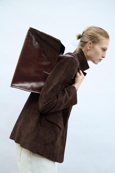 BOLSA SHOPPER DE COURO - Vermelho-bordô da Zara
