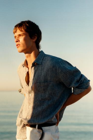 Zara Regular fit linen shirt with pocket - Blue