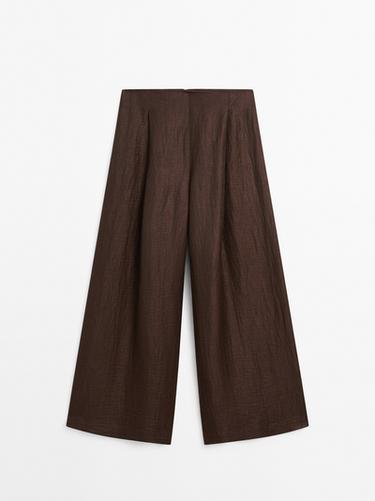Zara Wide-leg linen blend trousers - Brown - Image 0