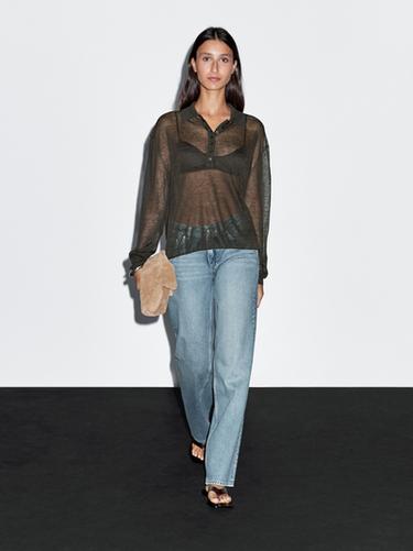 Zara Linen blend semi-sheer knit sweater - Chocolate