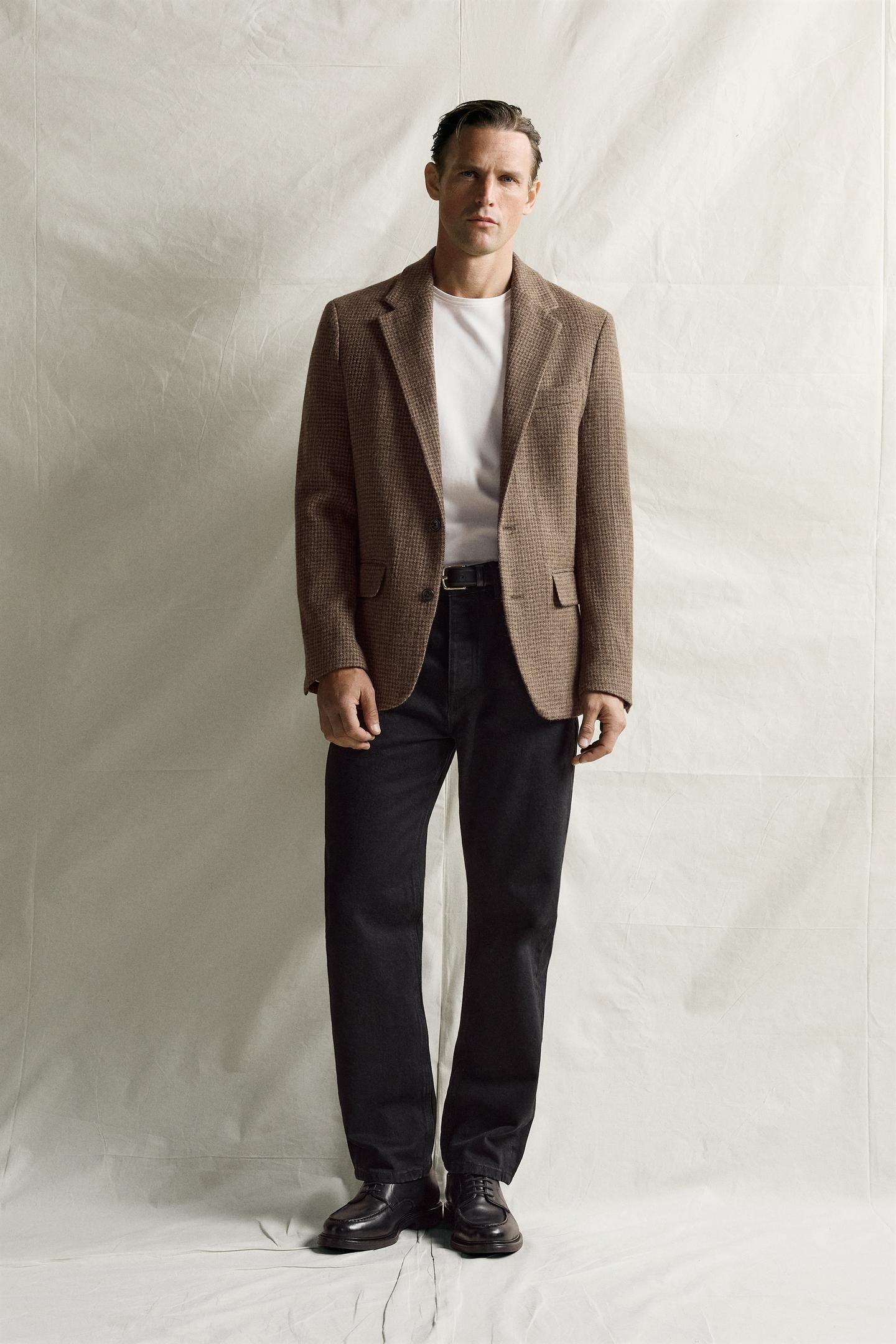 Мужской пиджак Zara Regular Fit Houndstooth Suit Blazer, цвет: Коричневый
