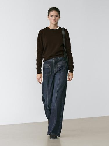 Jersey punto cuello redondo mezcla lana - Marrón oscuro de Zara