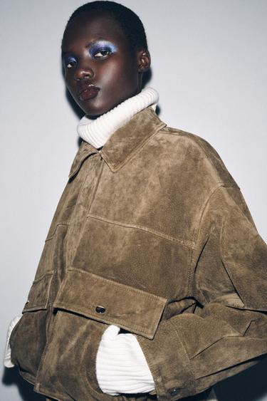 BLOUSON BOMBER 100% CUIR - Kaki de Zara