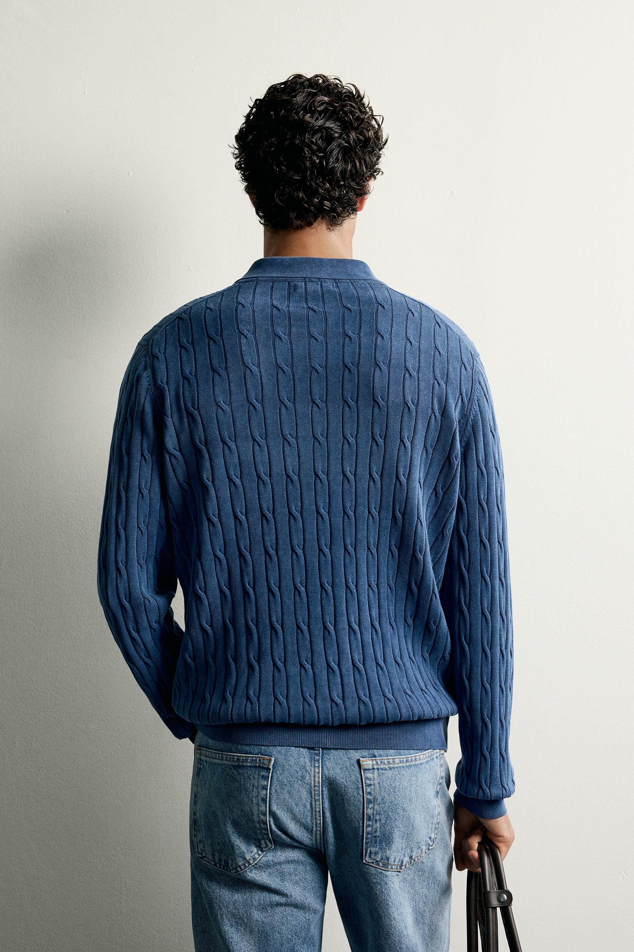 WASHED EFFECT CABLE KNIT POLO SHIRT