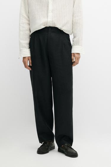 Zara 100% linen trousers with double darts - Black