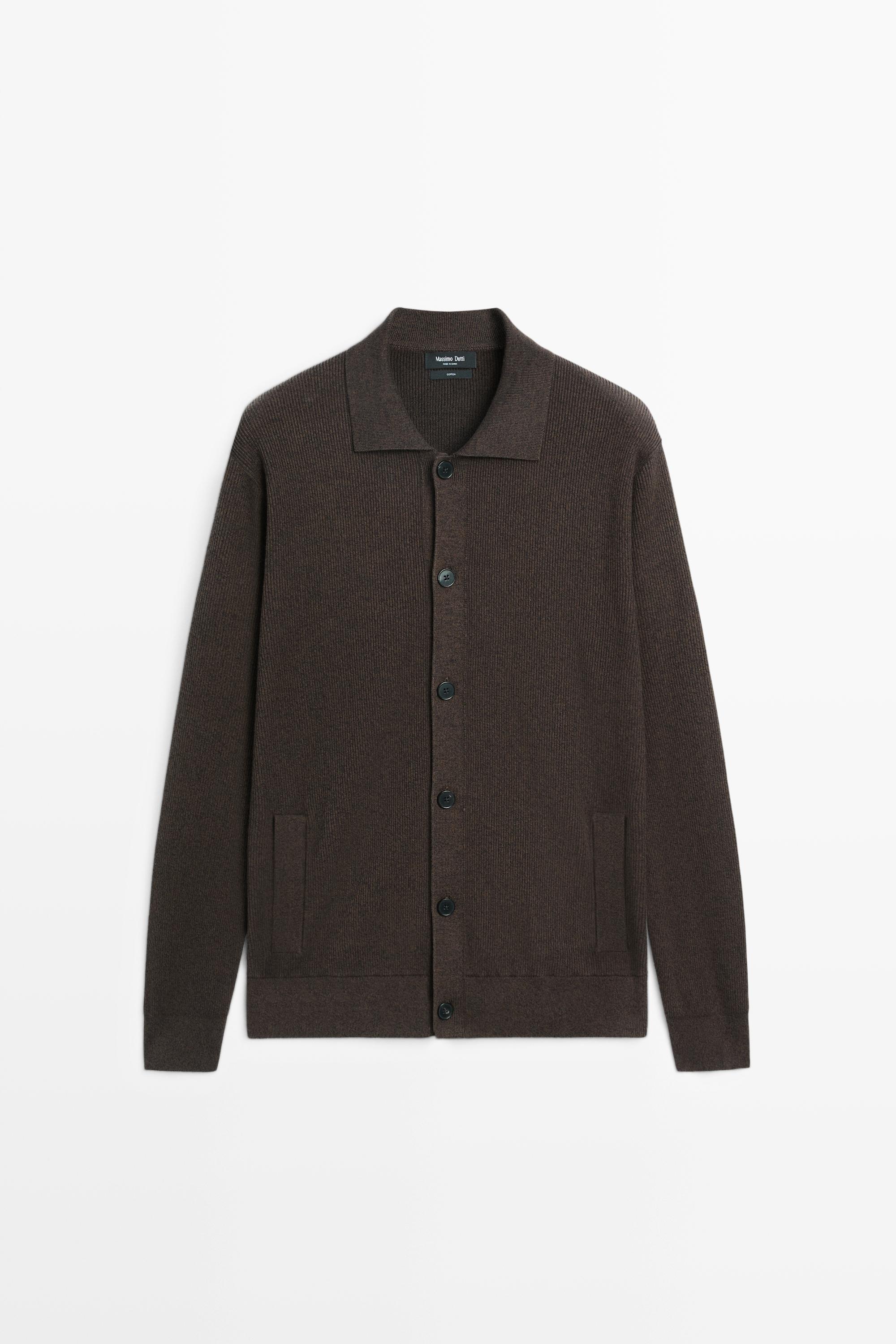 100% cotton polo collar knit cardigan — Brown