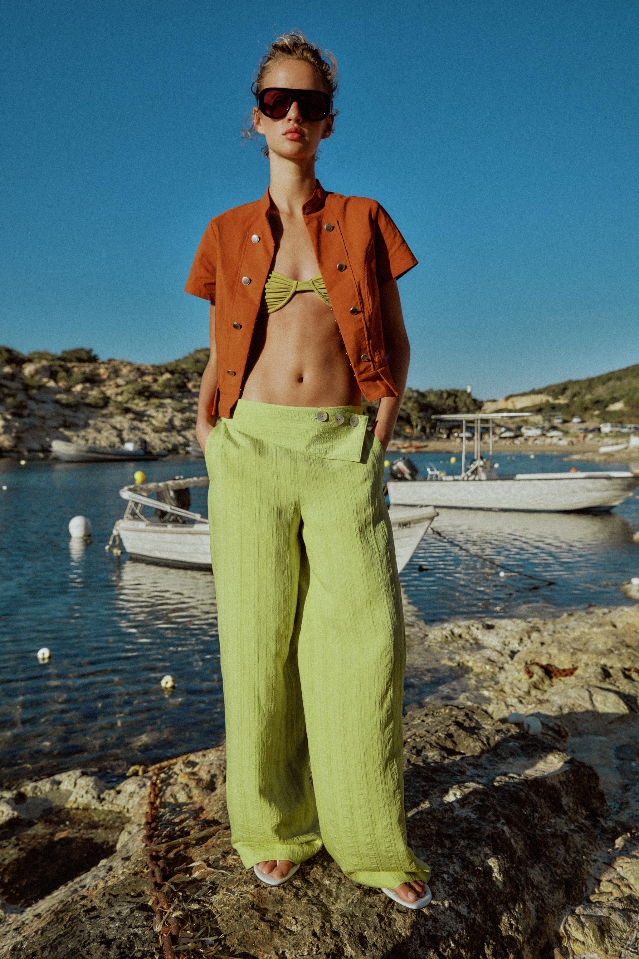 Flap Wide-Leg Pants ワイドレッグパンツ HIGH-WAISTED WIDE LEG PANTS WITH FLAP - Green | ZARA United States