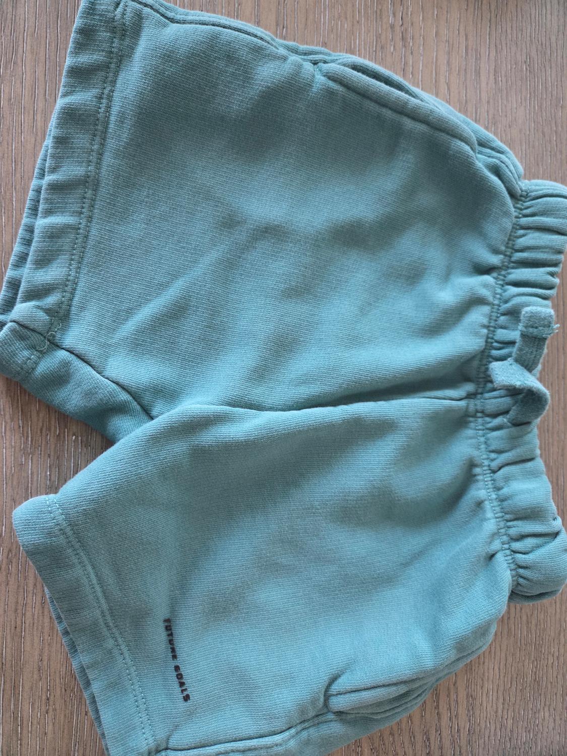 Green fabric shorts on a wooden surface. Visible text: "future goals" in the bottom left.