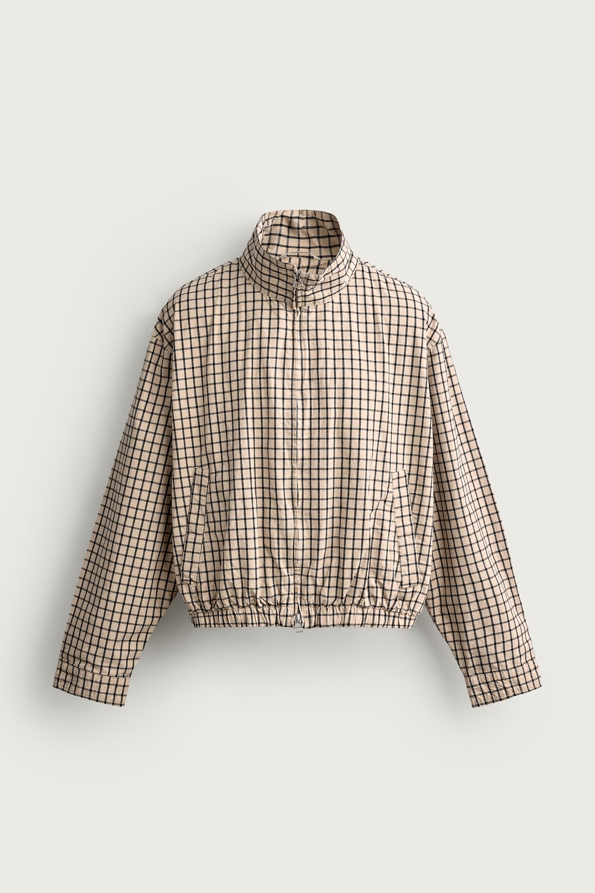 CHECKED CROPPED FIT JACKET — taupe brown