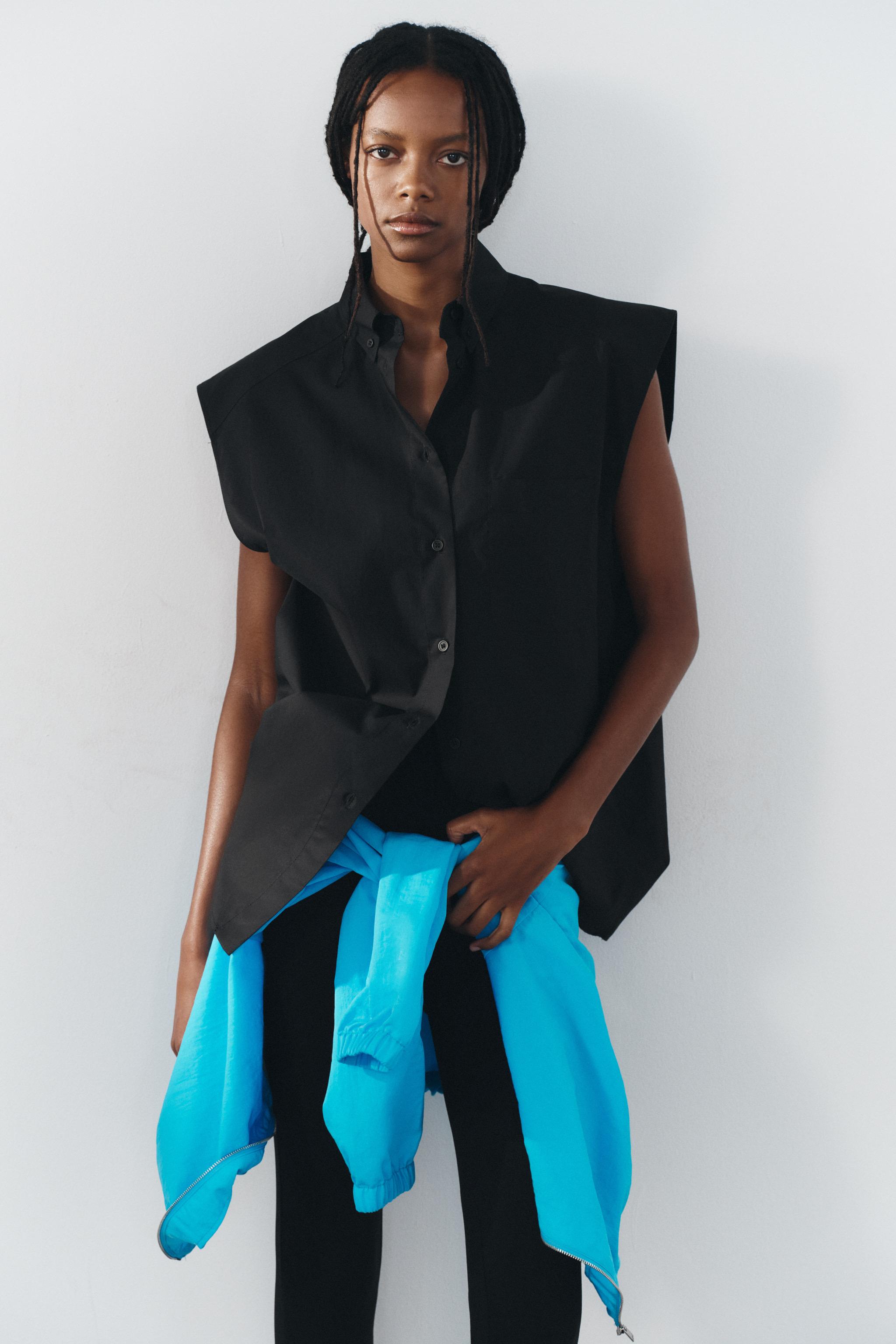 SLEEVELESS POPLIN SHIRT — Black